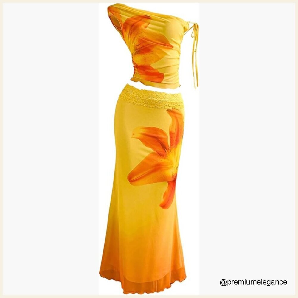 Large Mesh Floral Two-Piece Set with Crop Top and Maxi Skirt